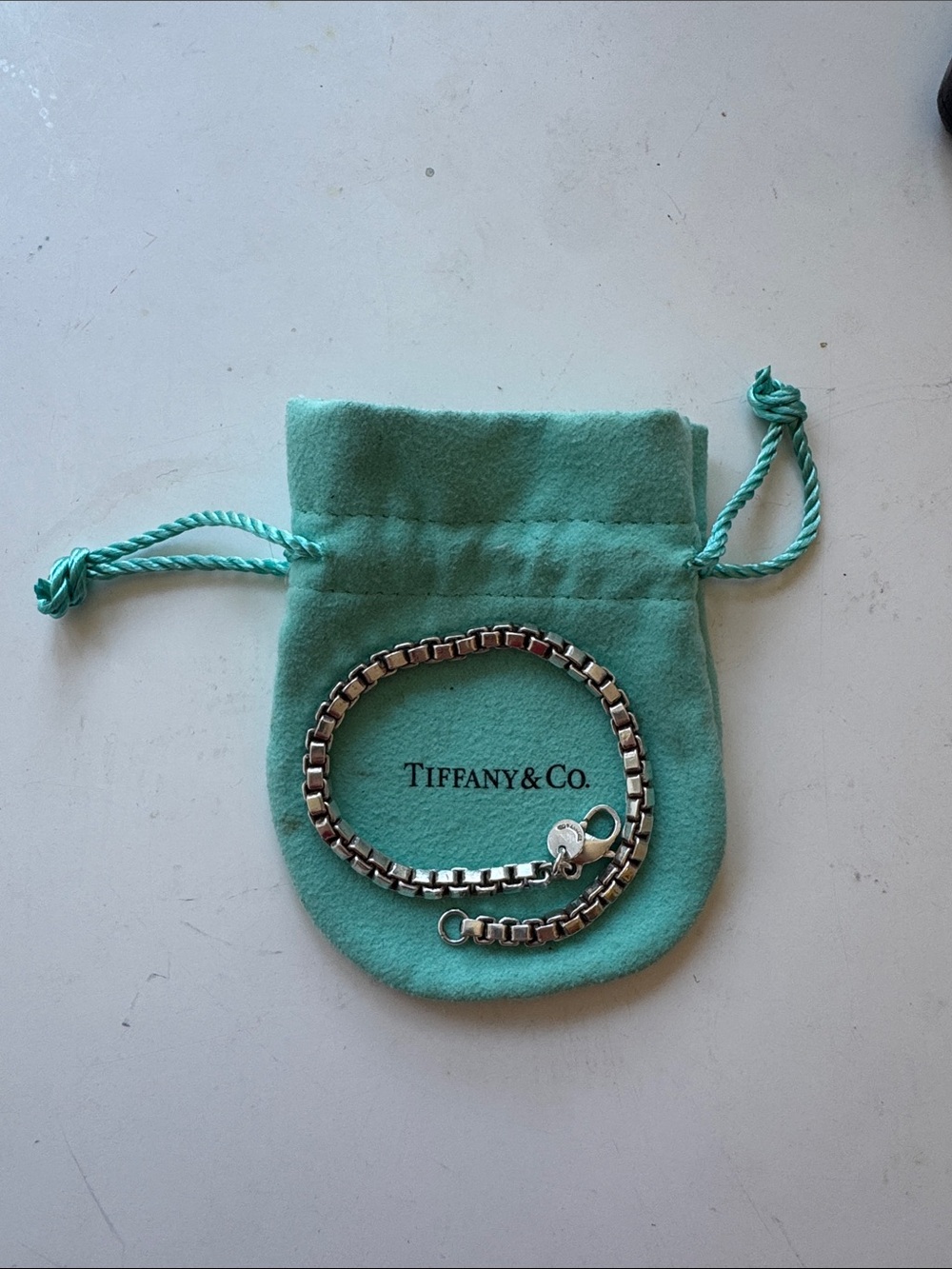 Tiffany & Co vintage sterling silver box chain bracelet with bag